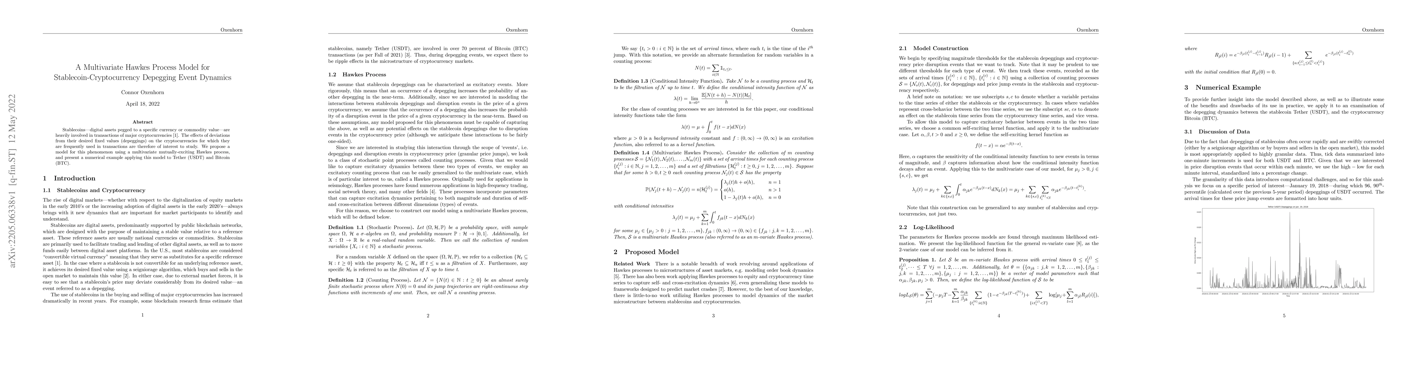 Thumbnail for A Multivariate Hawkes Process Model for Stablecoin-Cryptocurrency
  Depegging Event Dynamics