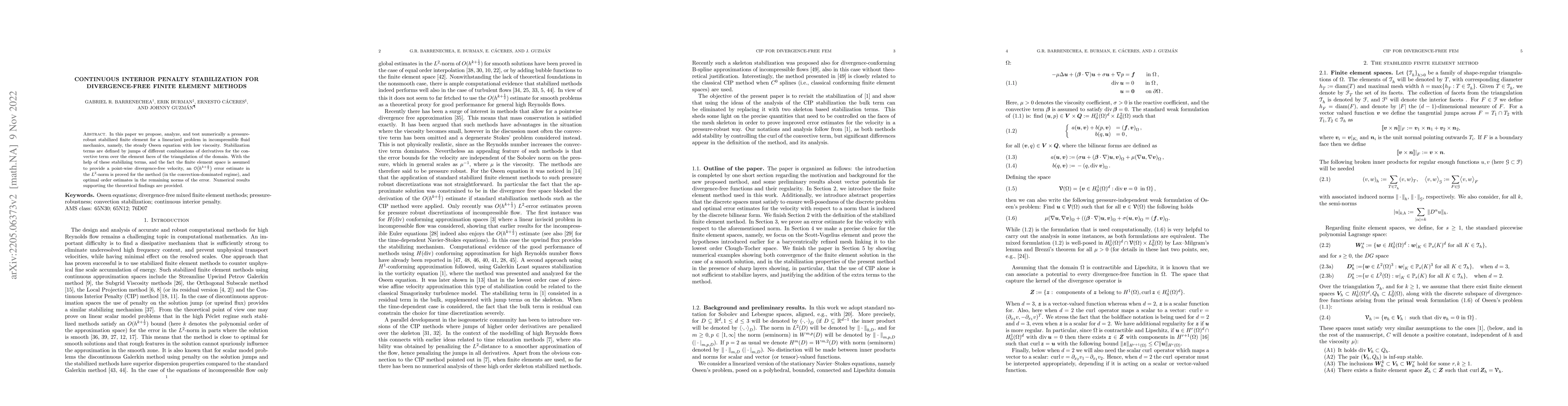 Thumbnail for Continuous Interior Penalty stabilization for divergence-free finite
  element methods