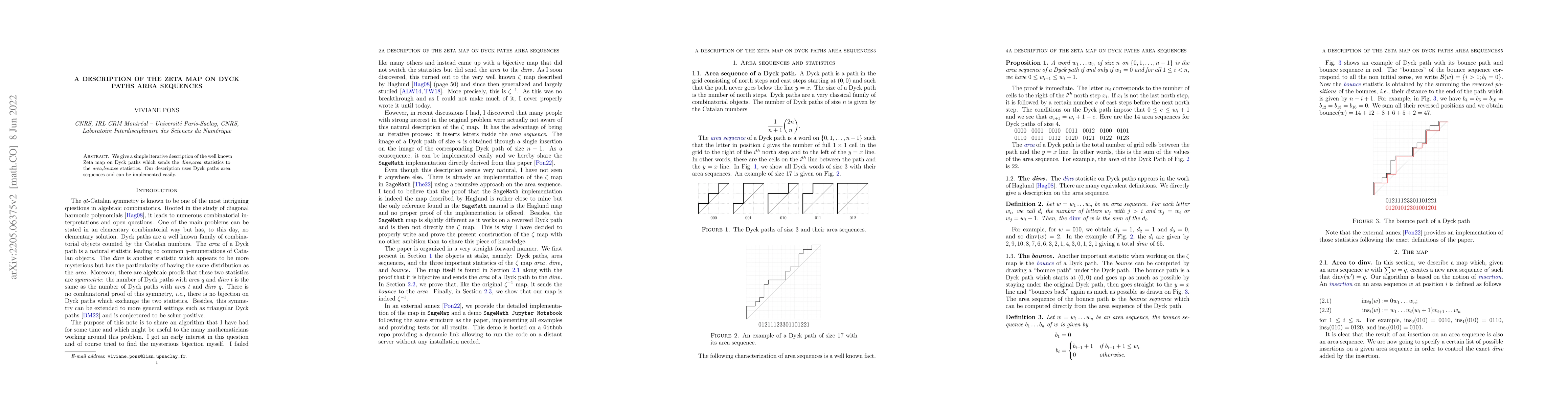 Thumbnail for A description of the Zeta map on Dyck paths area sequences