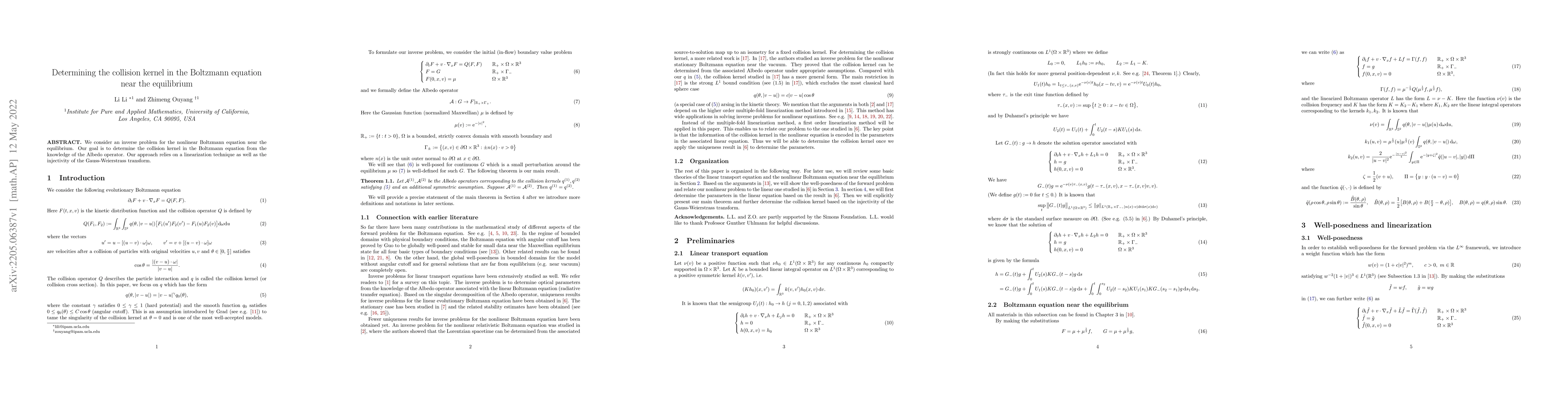 Thumbnail for Determining the collision kernel in the Boltzmann equation near the
  equilibrium