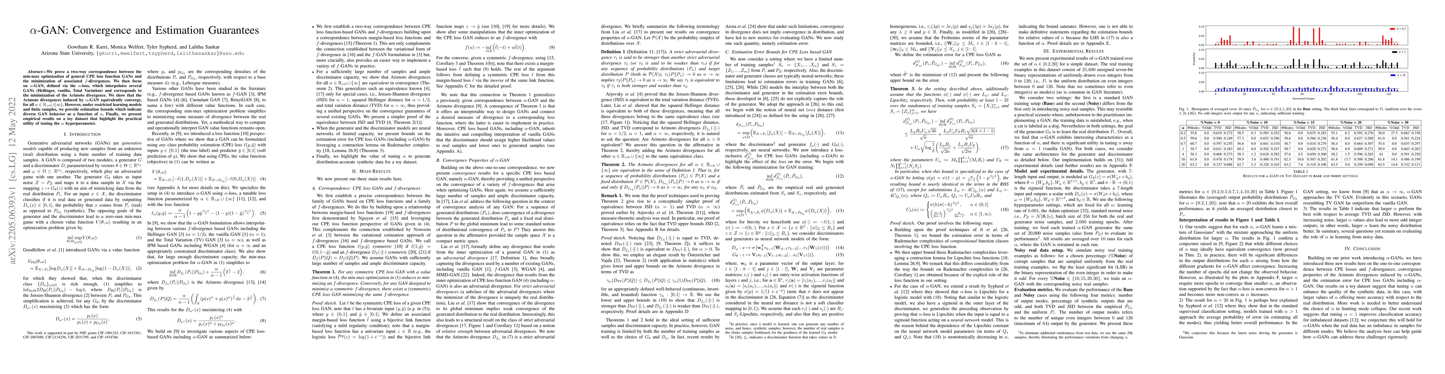 Thumbnail for $\alpha$-GAN: Convergence and Estimation Guarantees