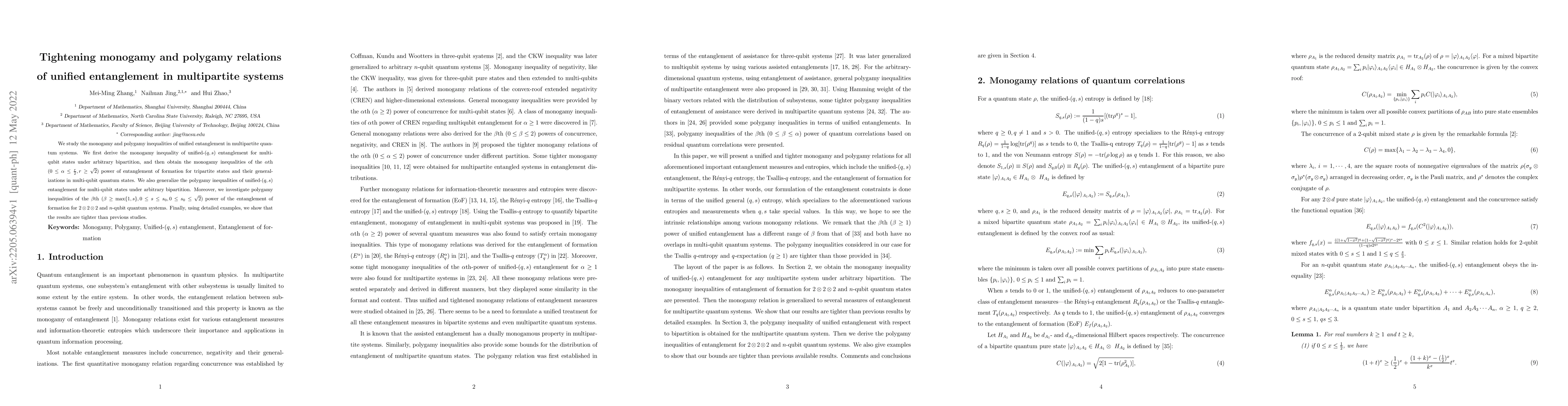Thumbnail for Tightening monogamy and polygamy relations of unified entanglement in
  multipartite systems