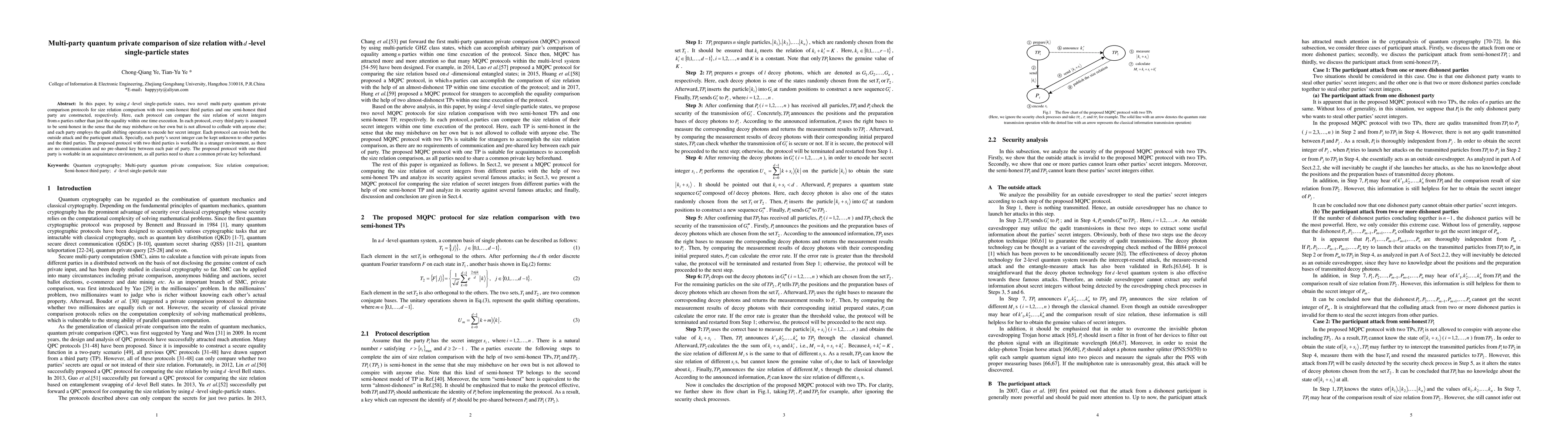 Thumbnail for Multi-party quantum private comparison of size relation with d-level
  single-particle states