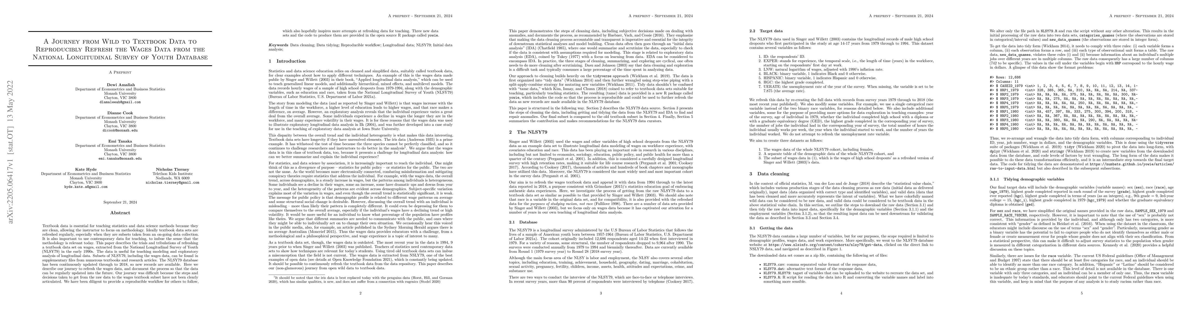 Thumbnail for A Journey from Wild to Textbook Data to Reproducibly Refresh the Wages
  Data from the National Longitudinal Survey of Youth Database