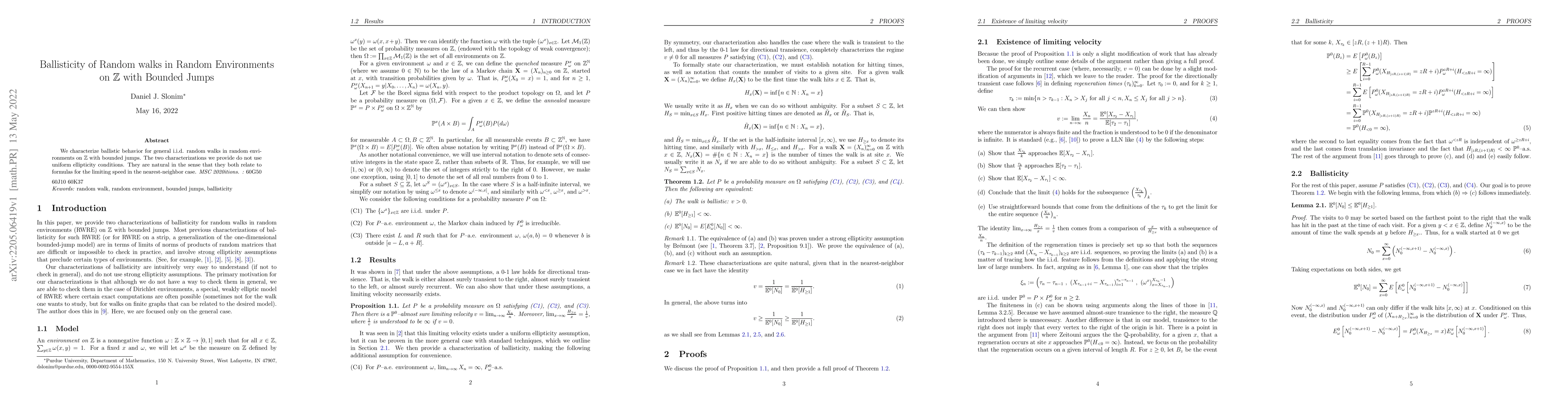 Thumbnail for Ballisticity of Random walks in Random Environments on $\mathbb{Z}$ with
  Bounded Jumps