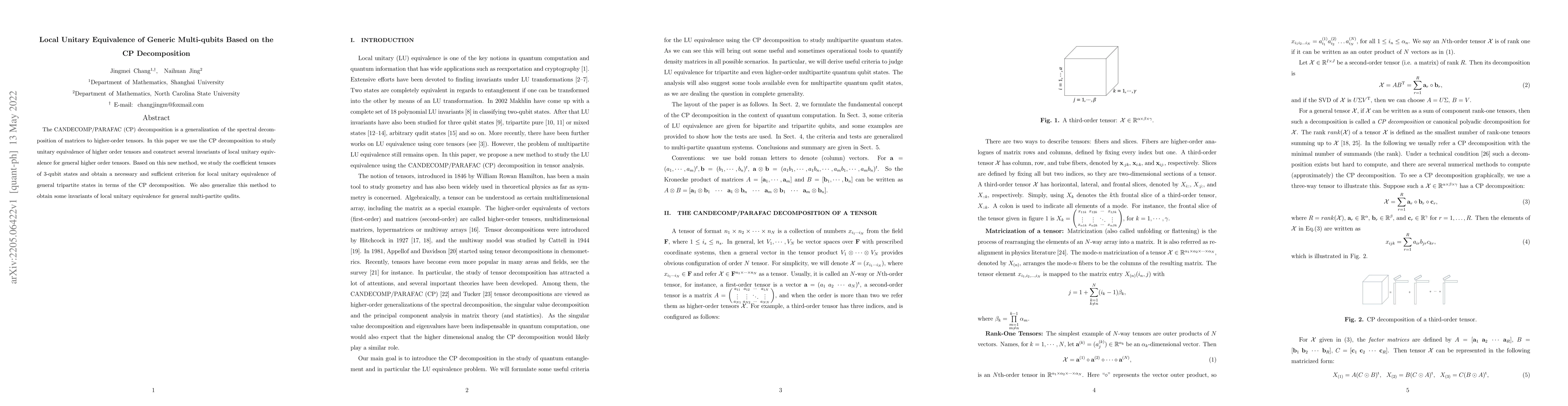 Thumbnail for Local unitary equivalence of generic multi-qubits based on the CP
  decomposition