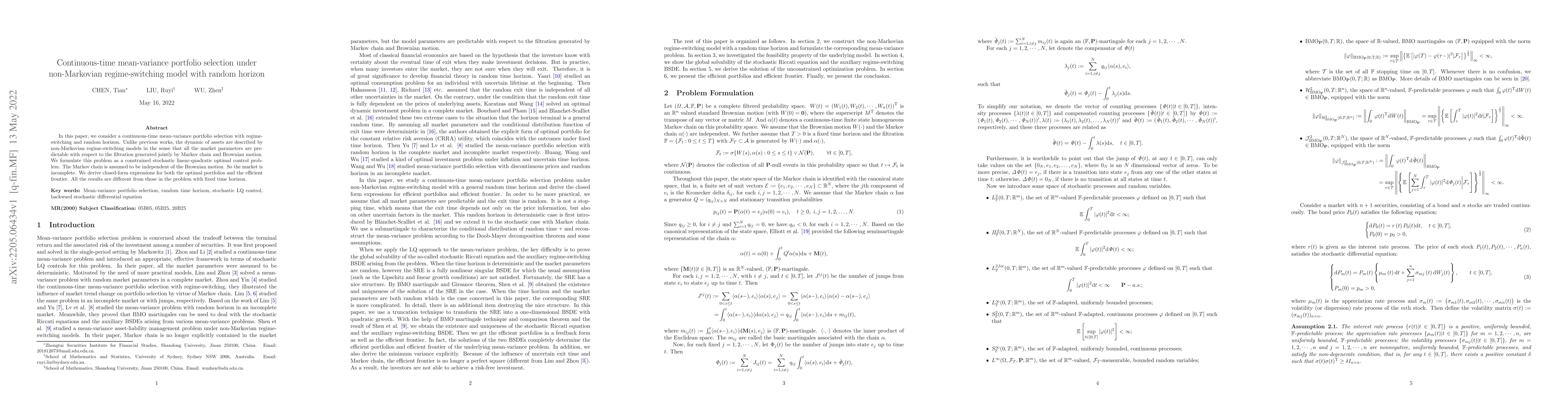 Thumbnail for Continuous-time mean-variance portfolio selection under non-Markovian
  regime-switching model with random horizon