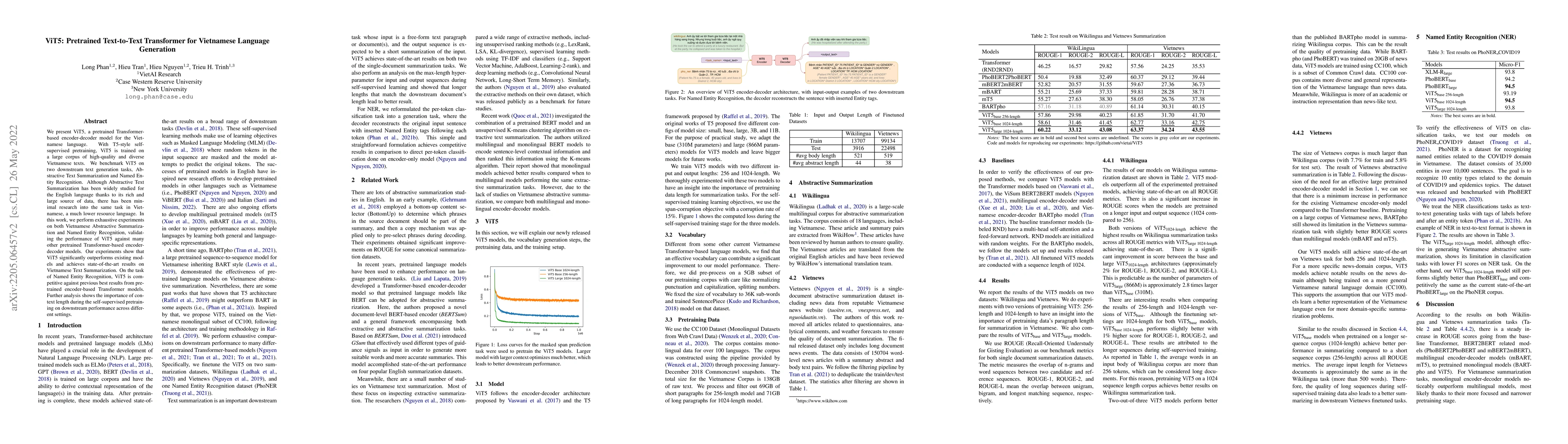 Thumbnail for ViT5: Pretrained Text-to-Text Transformer for Vietnamese Language
  Generation