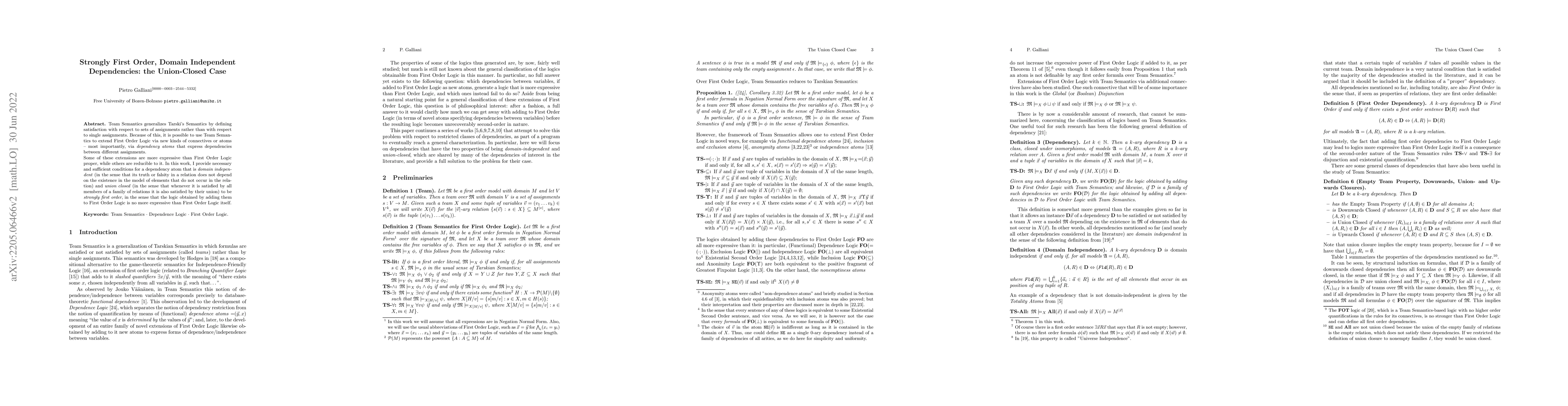 Thumbnail for Strongly First Order, Domain Independent Dependencies: the Union-Closed
  Case