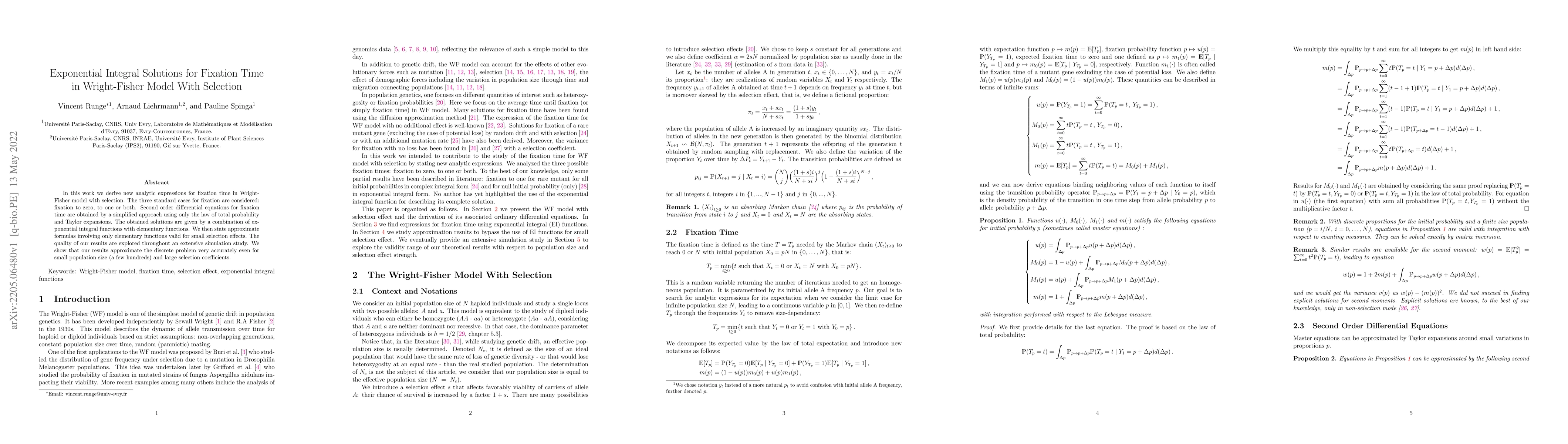 Thumbnail for Exponential Integral Solutions for Fixation Time in Wright-Fisher Model
  With Selection
