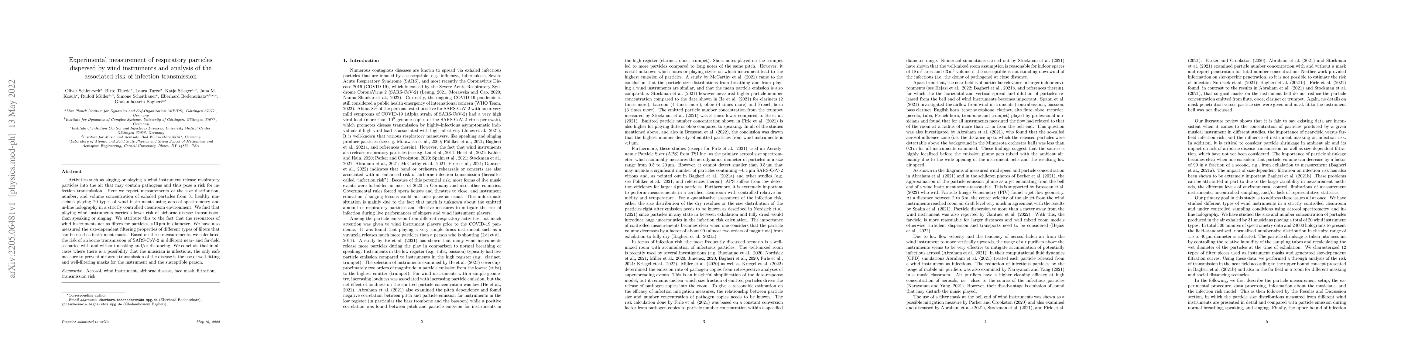 Thumbnail for Experimental measurement of respiratory particles dispersed by wind
  instruments and analysis of the associated risk of infection transmission