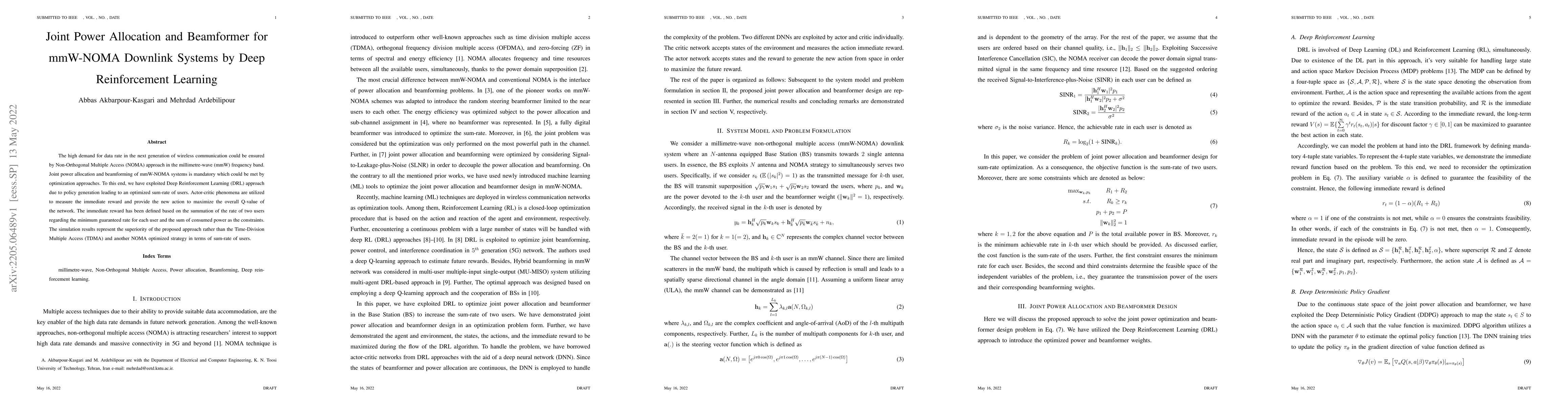 Thumbnail for Joint Power Allocation and Beamformer for mmW-NOMA Downlink Systems by
  Deep Reinforcement Learning