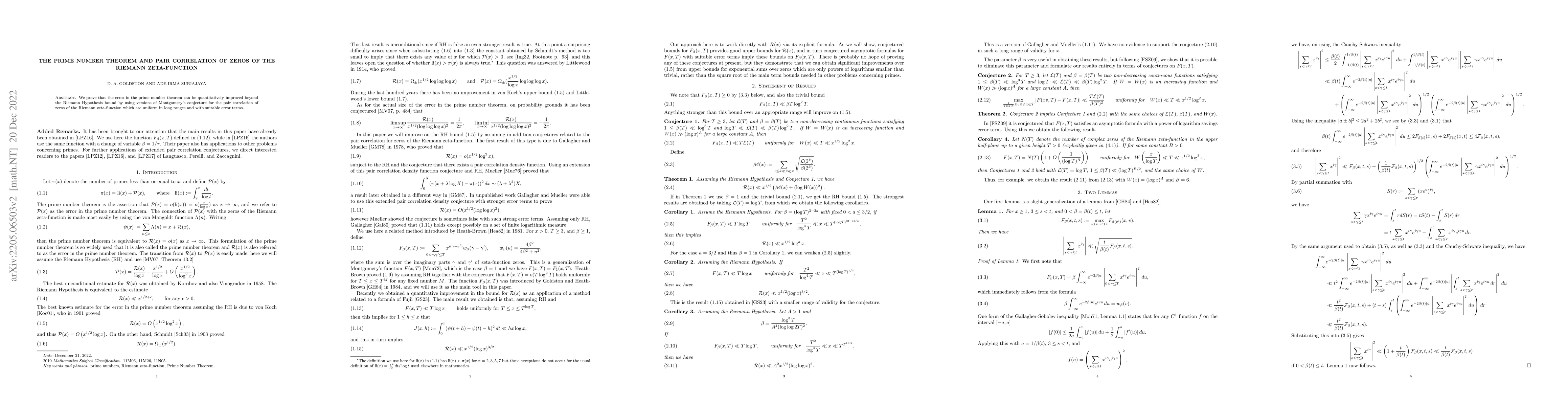 Thumbnail for The Prime Number Theorem and Pair Correlation of Zeros of the Riemann
  Zeta-Function