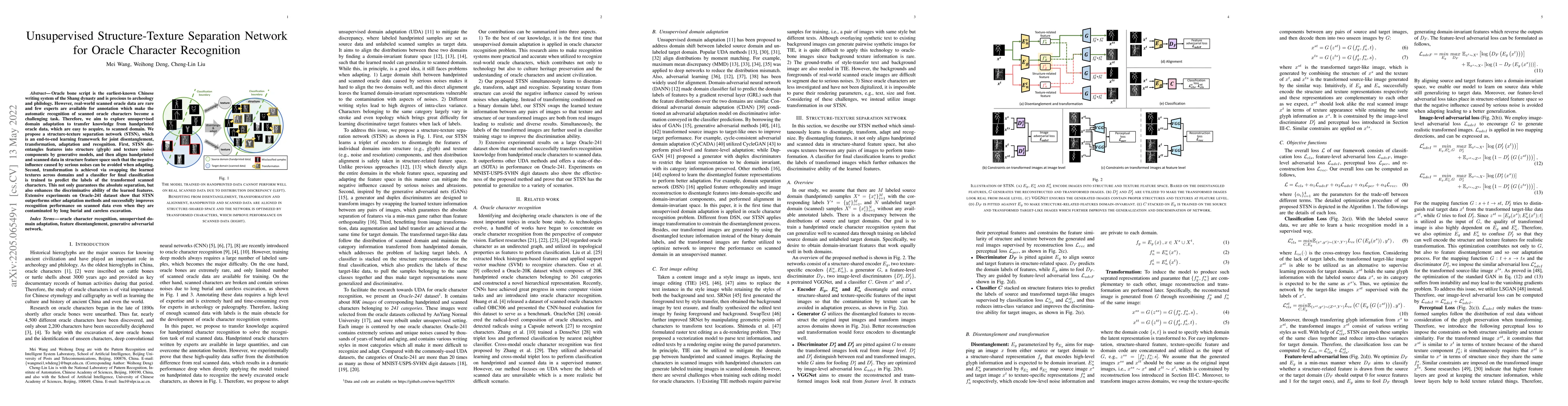 Thumbnail for Unsupervised Structure-Texture Separation Network for Oracle Character
  Recognition