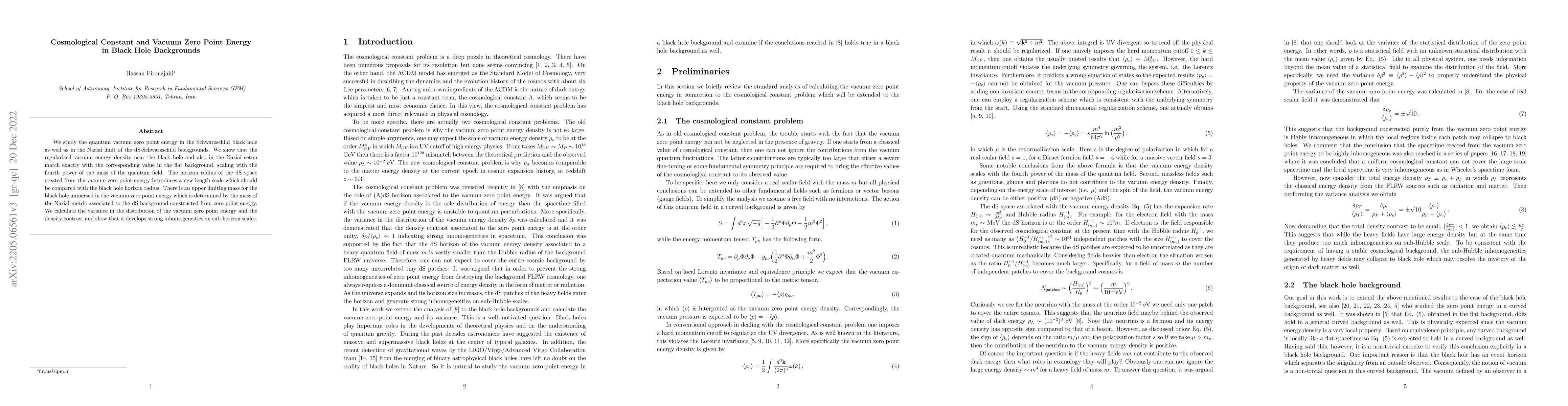 Thumbnail for Cosmological Constant and Vacuum Zero Point Energy in Black Hole
  Backgrounds