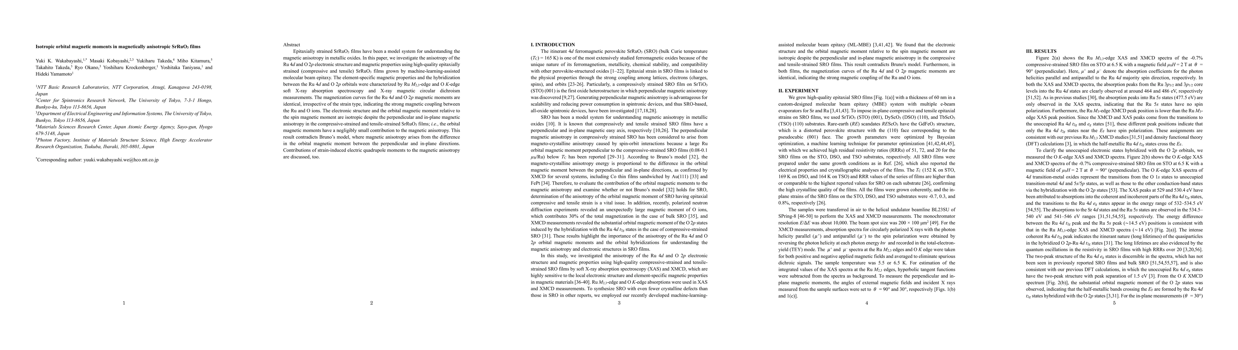 Thumbnail for Isotropic orbital magnetic moments in magnetically anisotropic SrRuO3
  films