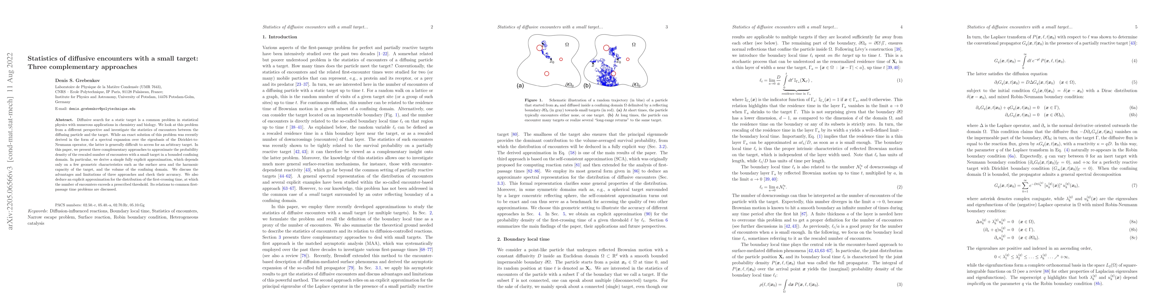 Thumbnail for Statistics of diffusive encounters with a small target: Three
  complementary approaches