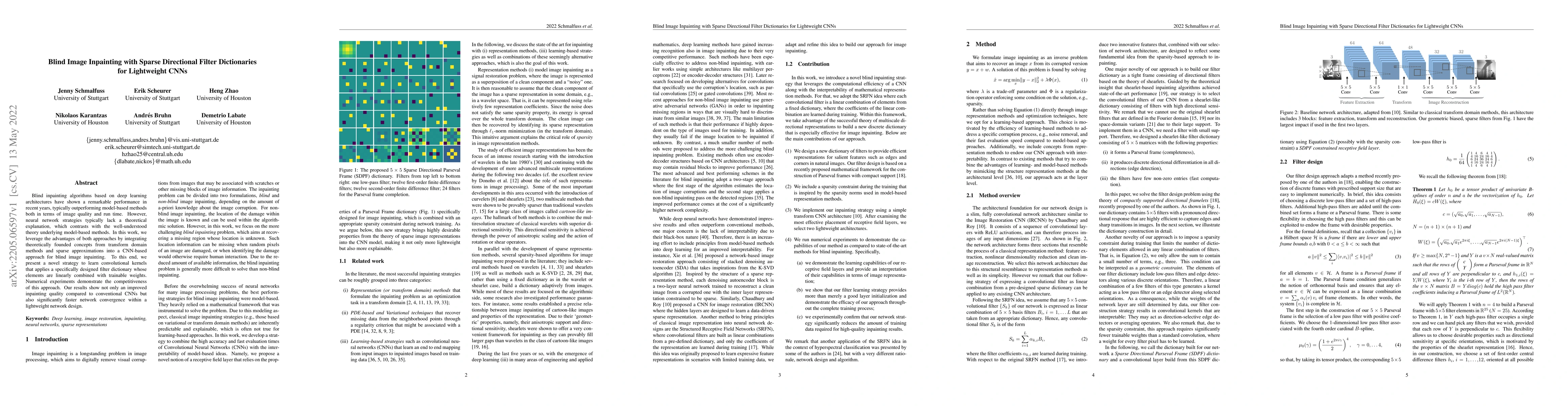 Thumbnail for Blind Image Inpainting with Sparse Directional Filter Dictionaries for
  Lightweight CNNs