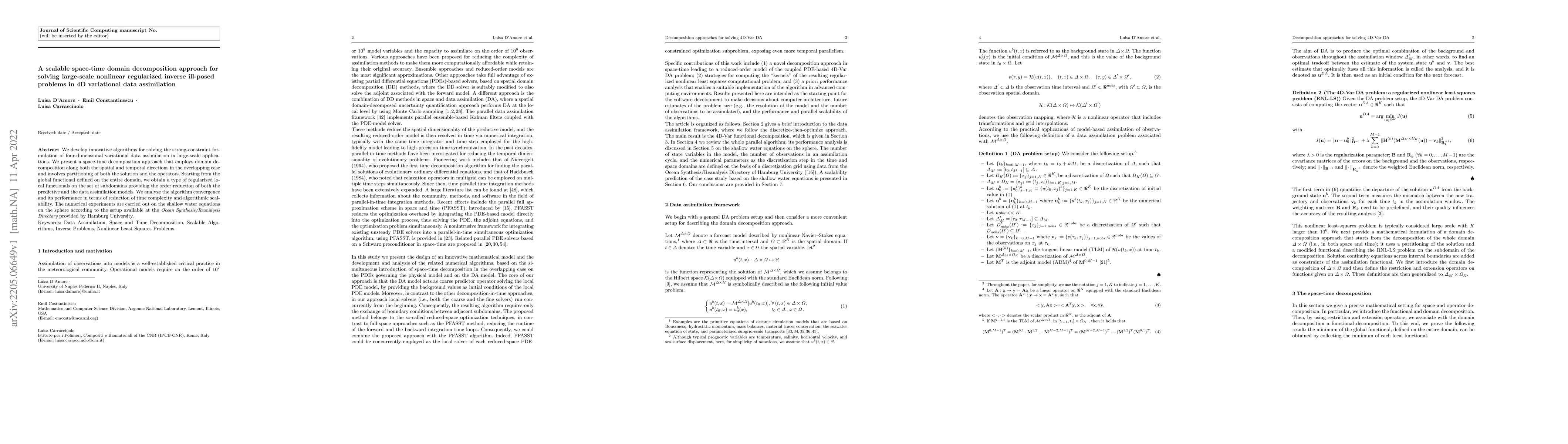 Thumbnail for A scalable space-time domain decomposition approach for solving
  large-scale nonlinear regularized inverse ill-posed problems in 4D
  variational data assimilation