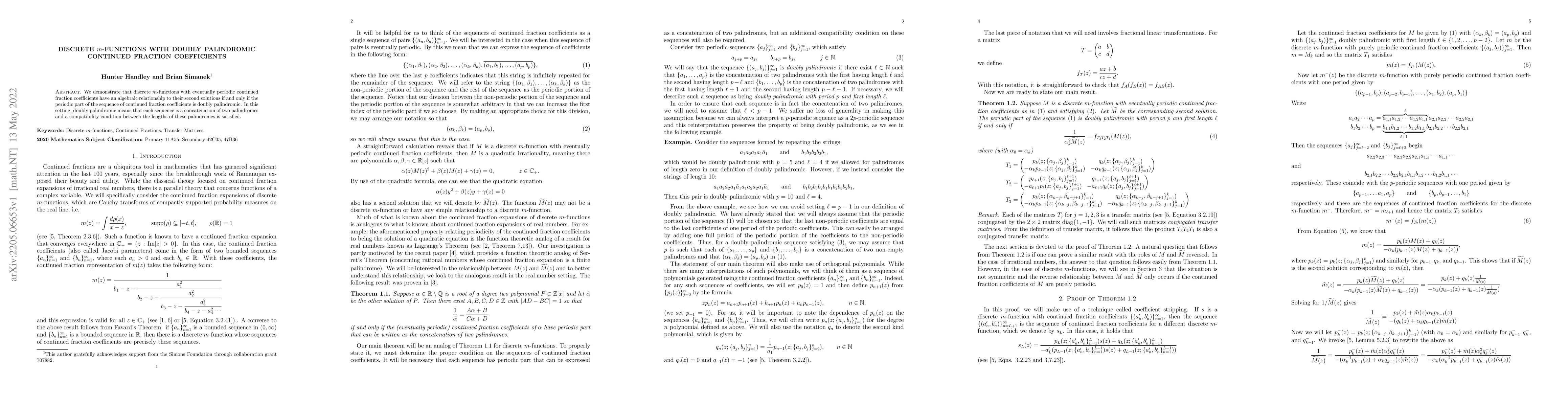 Thumbnail for Discrete m-functions with Doubly Palindromic Continued Fraction
  Coefficients