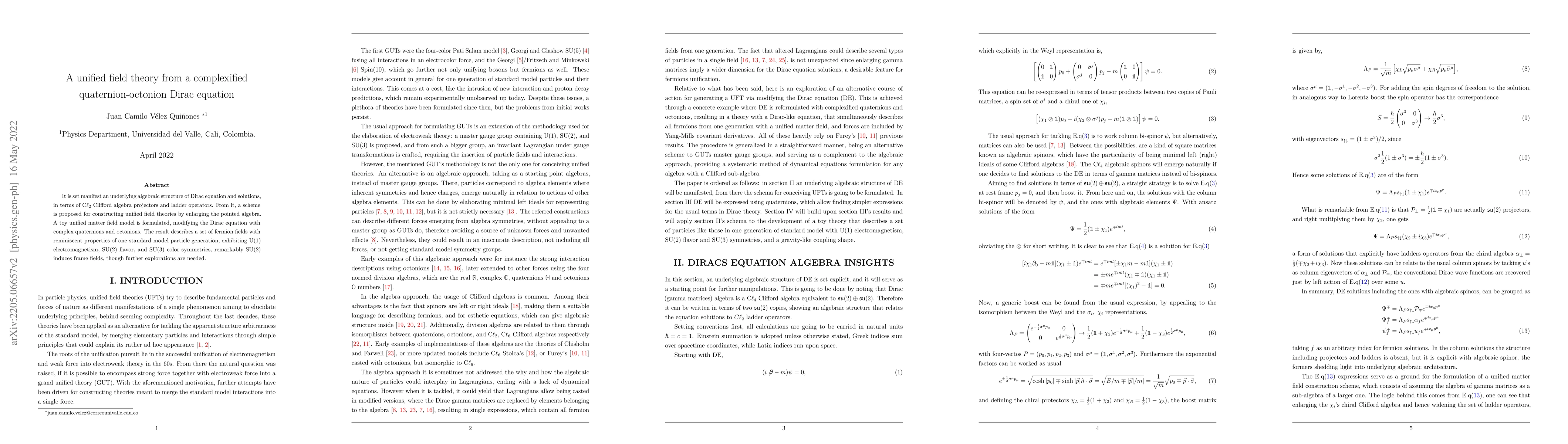 Thumbnail for A unified field theory from a complexified quaternion-octonion Dirac
  equation