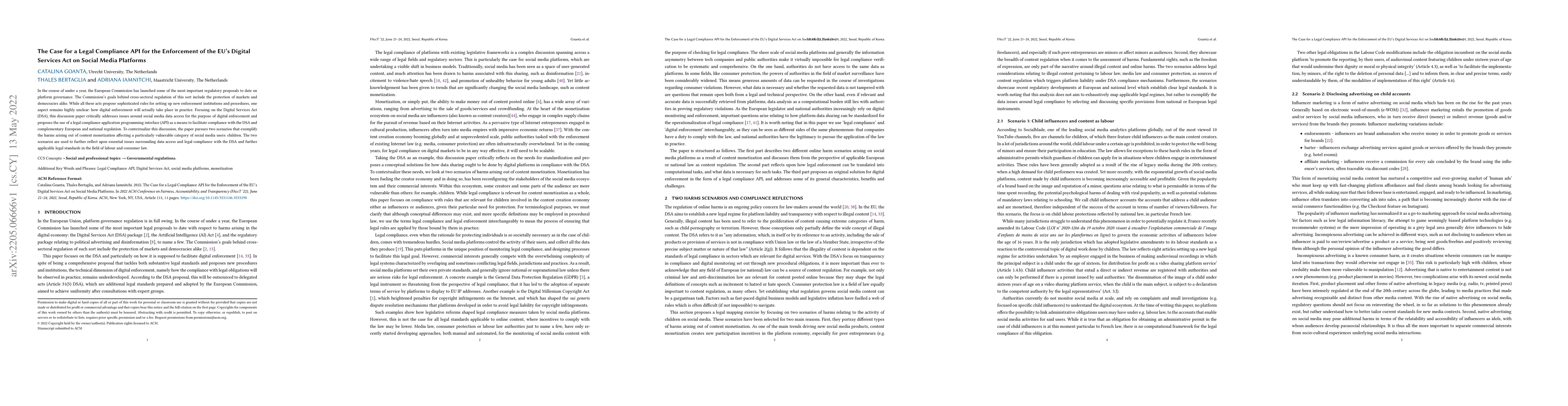 Thumbnail for The Case for a Legal Compliance API for the Enforcement of the EU's
  Digital Services Act on Social Media Platforms