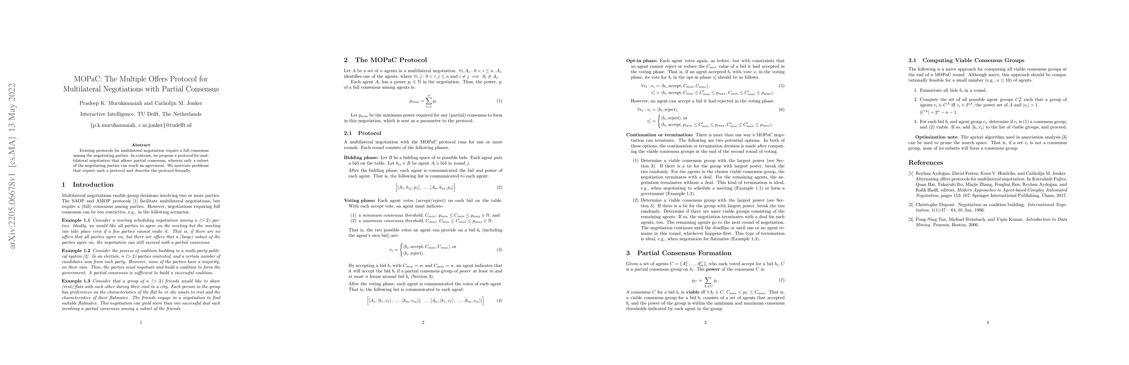 Thumbnail for MOPaC: The Multiple Offers Protocol for Multilateral Negotiations with
  Partial Consensus