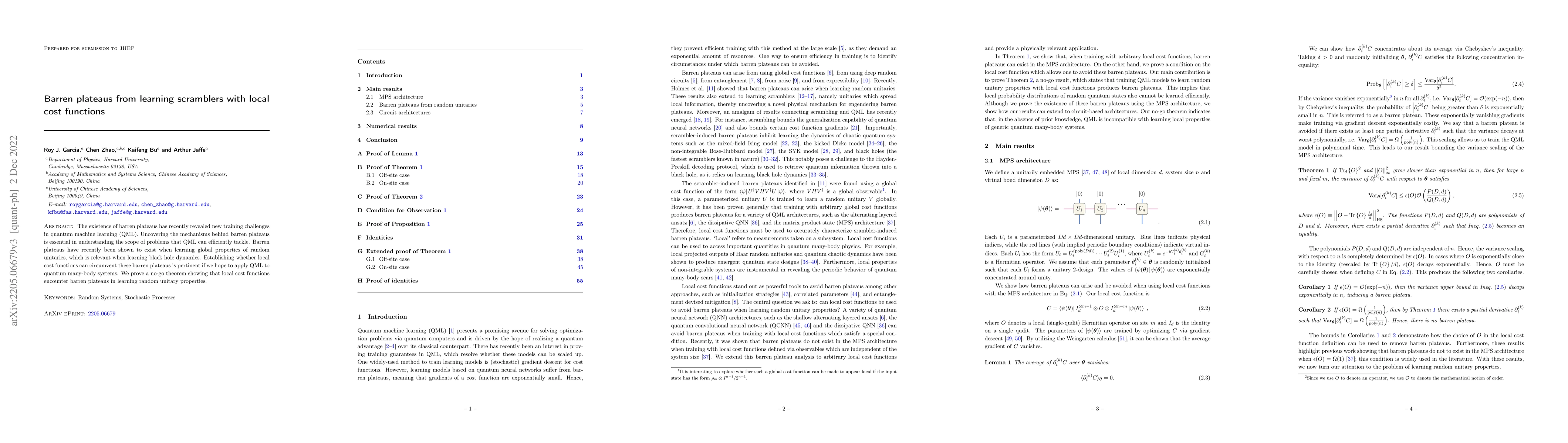 Thumbnail for Barren plateaus from learning scramblers with local cost functions