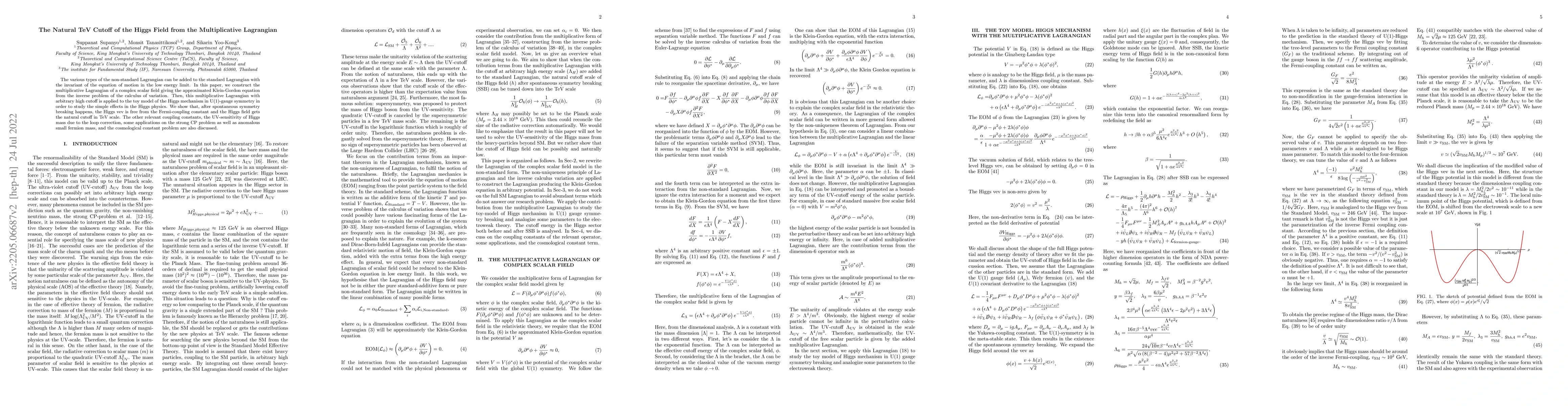 Thumbnail for The Natural TeV Cutoff of the Higgs Field from the Multiplicative
  Lagrangian