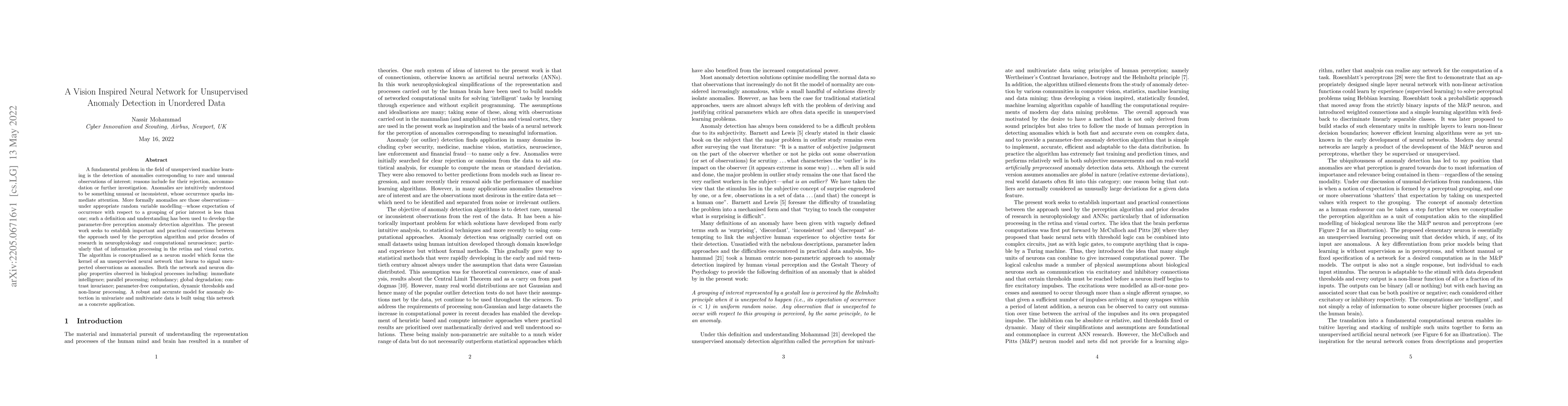 Thumbnail for A Vision Inspired Neural Network for Unsupervised Anomaly Detection in
  Unordered Data