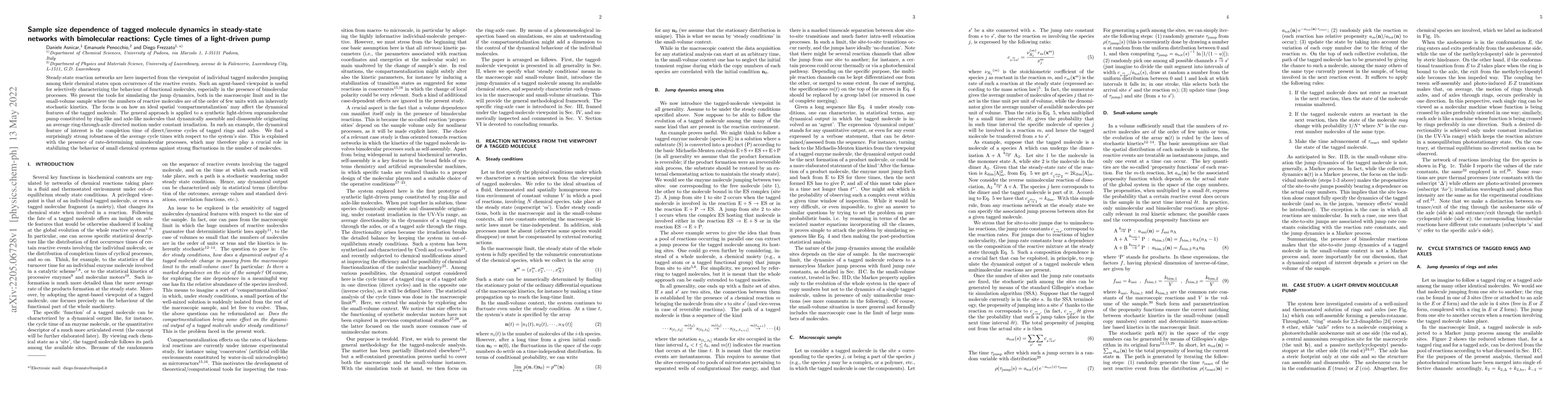 Thumbnail for Sample size dependence of tagged molecule dynamics in steady-state
  networks with bimolecular reactions: Cycle times of a light-driven pump