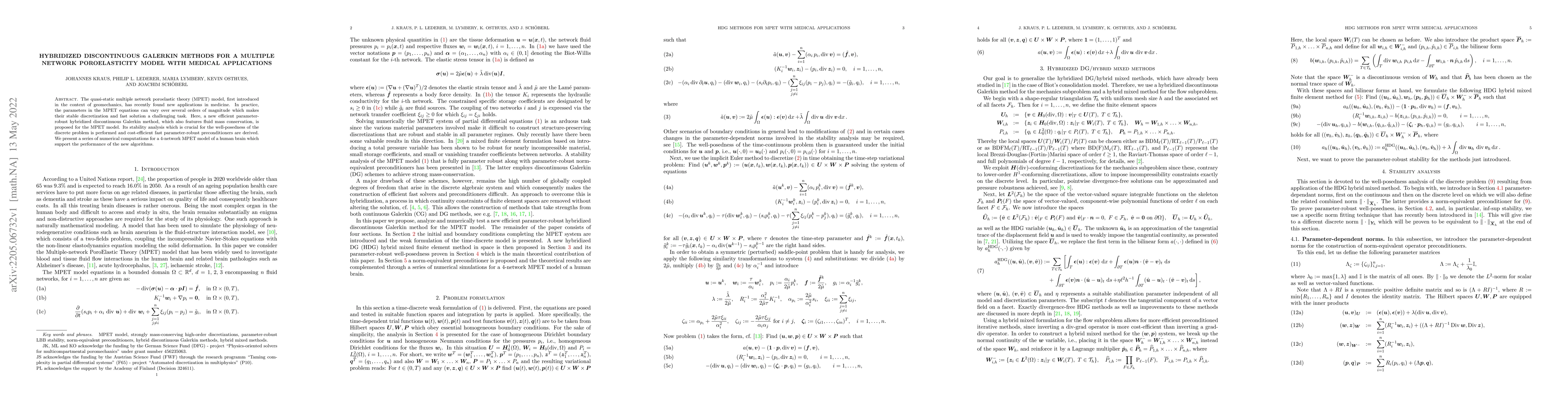 Thumbnail for Hybridized Discontinuous Galerkin Methods for a Multiple Network
  Poroelasticity Model with Medical Applications
