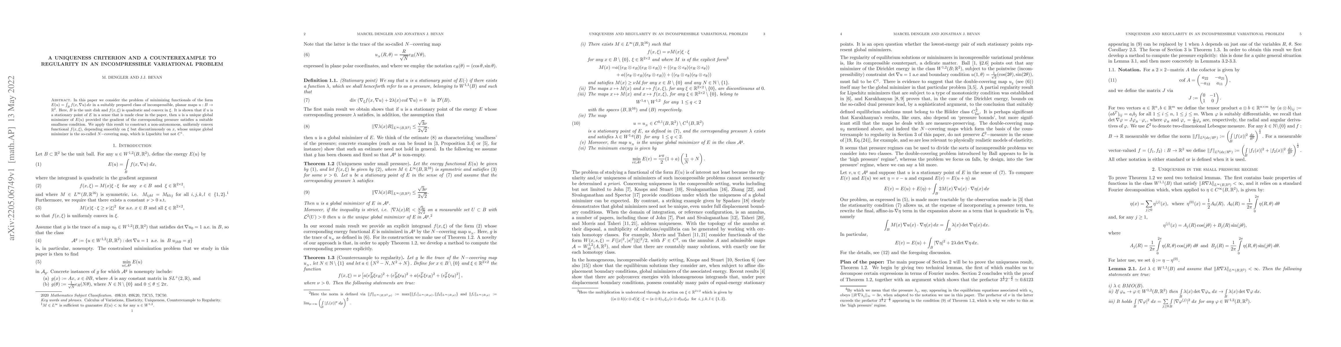 Thumbnail for A uniqueness criterion and a counterexample to regularity in an
  incompressible variational problem