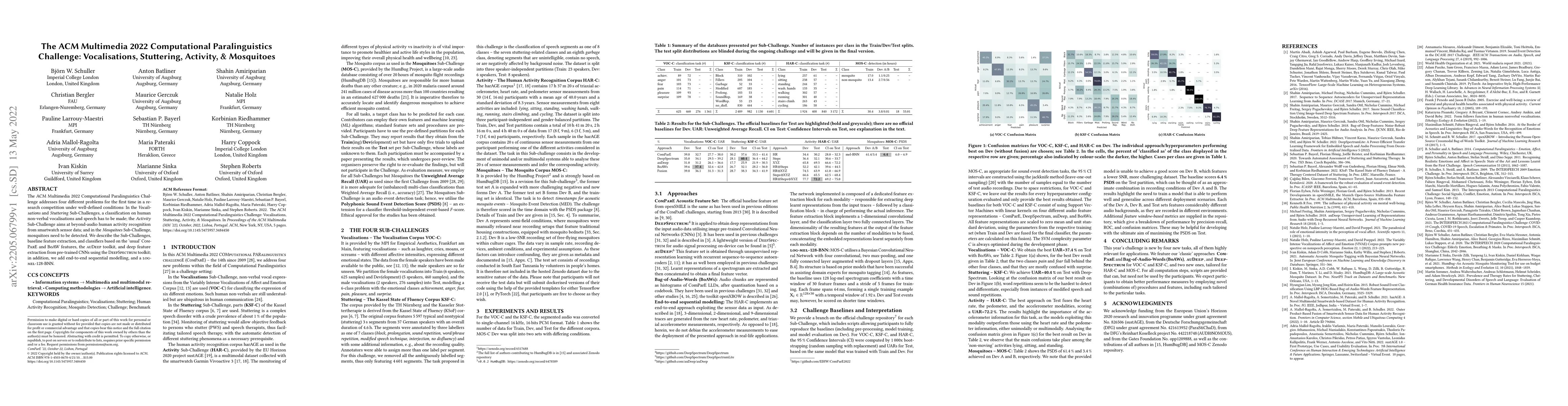 Thumbnail for The ACM Multimedia 2022 Computational Paralinguistics Challenge:
  Vocalisations, Stuttering, Activity, & Mosquitoes