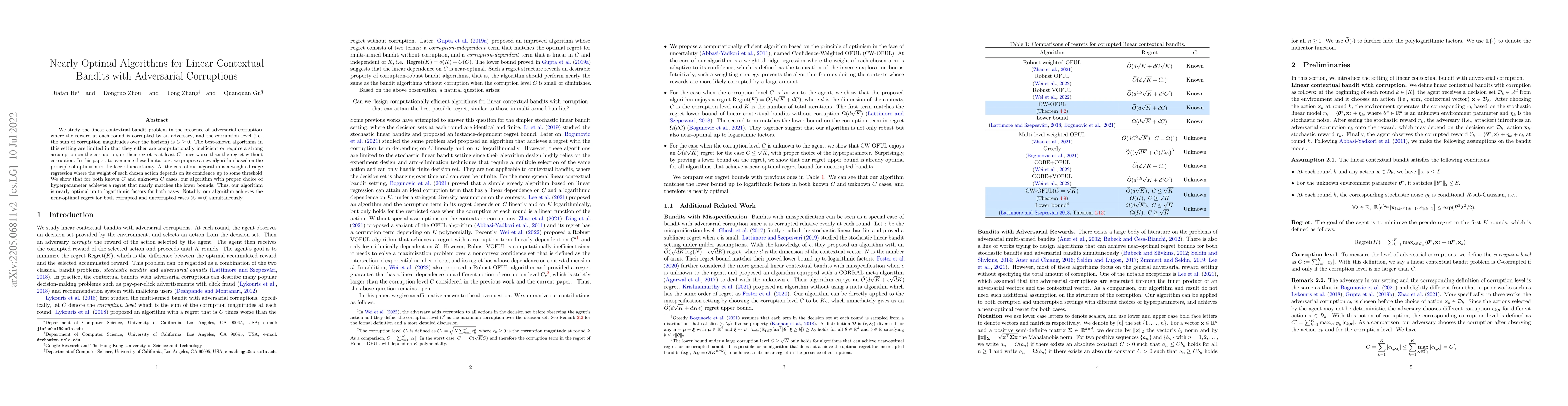 Thumbnail for Nearly Optimal Algorithms for Linear Contextual Bandits with Adversarial
  Corruptions