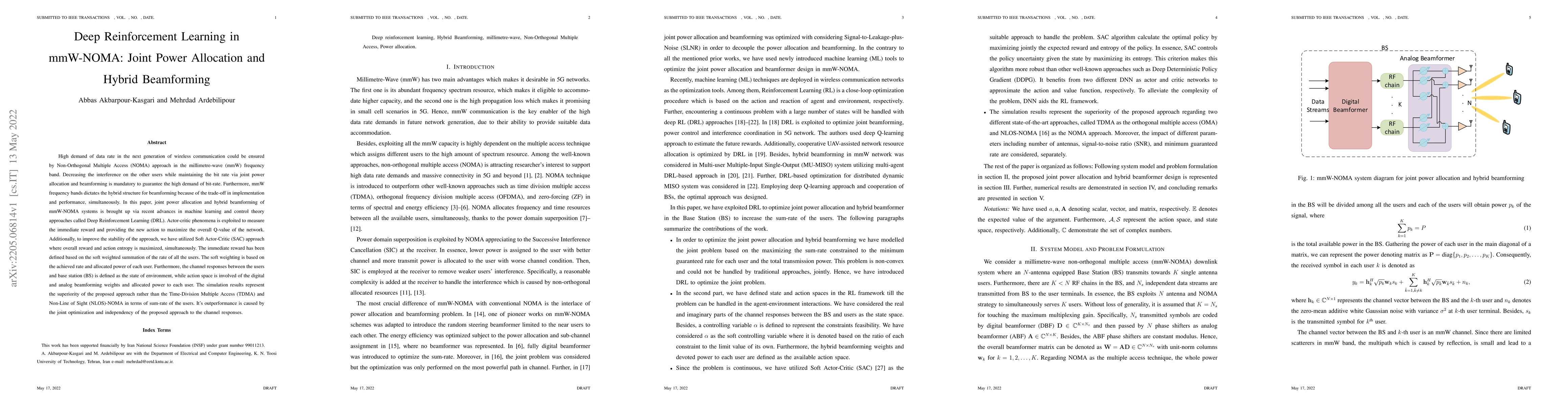 Thumbnail for Deep Reinforcement Learning in mmW-NOMA: Joint Power Allocation and
  Hybrid Beamforming