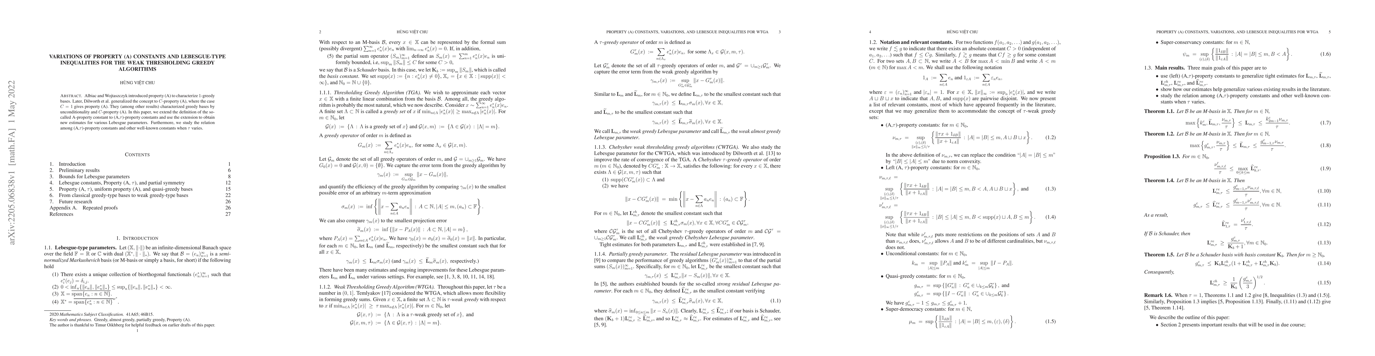 Thumbnail for Variations of Property (A) Constants and Lebesgue-type Inequalities for
  the Weak Thresholding Greedy Algorithms
