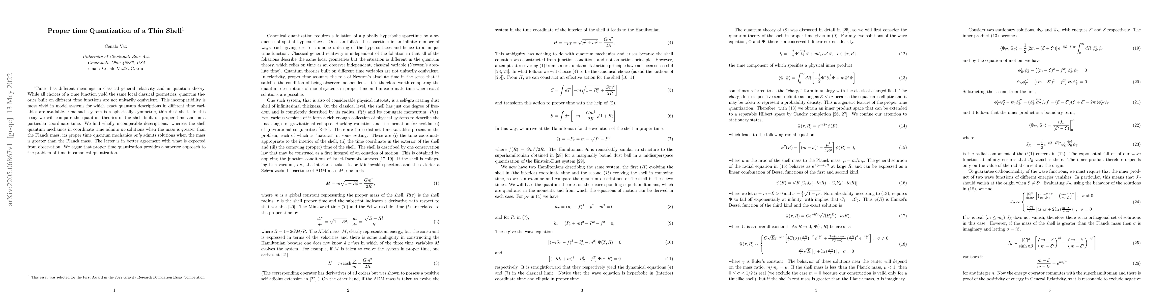 Thumbnail for Proper time Quantization of a Thin Shell