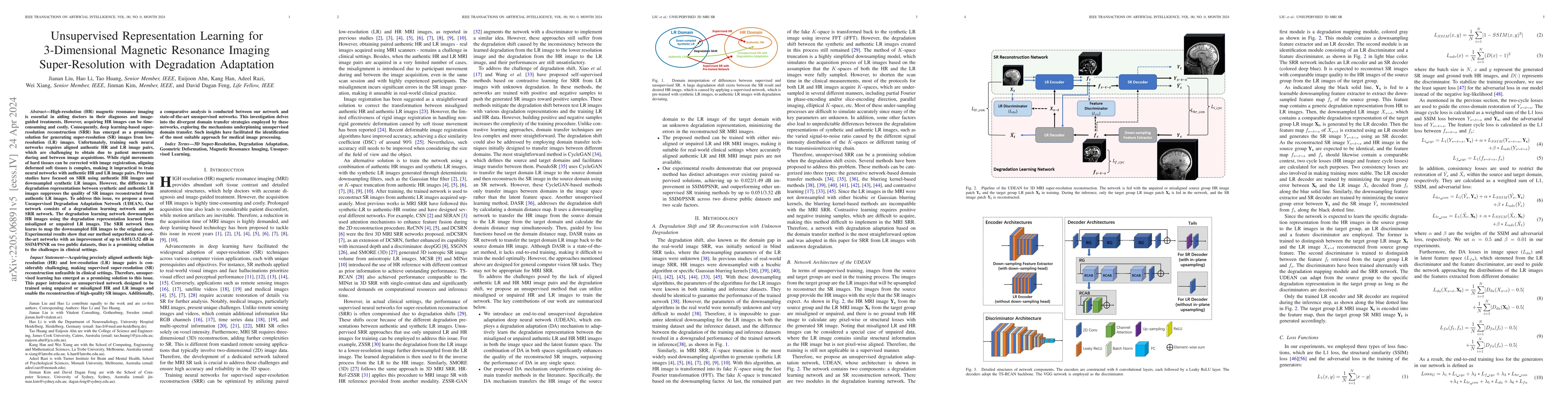 Thumbnail for Unsupervised Representation Learning for 3D MRI Super Resolution with
  Degradation Adaptation