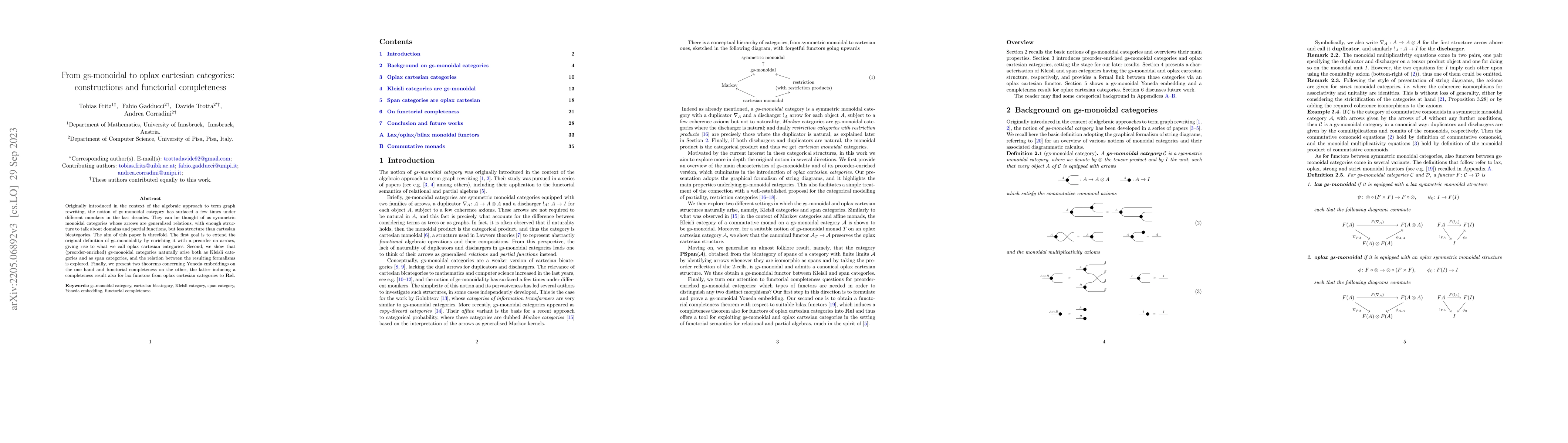 Thumbnail for From Gs-monoidal to Oplax Cartesian Categories: Constructions and
  Functorial Completeness
