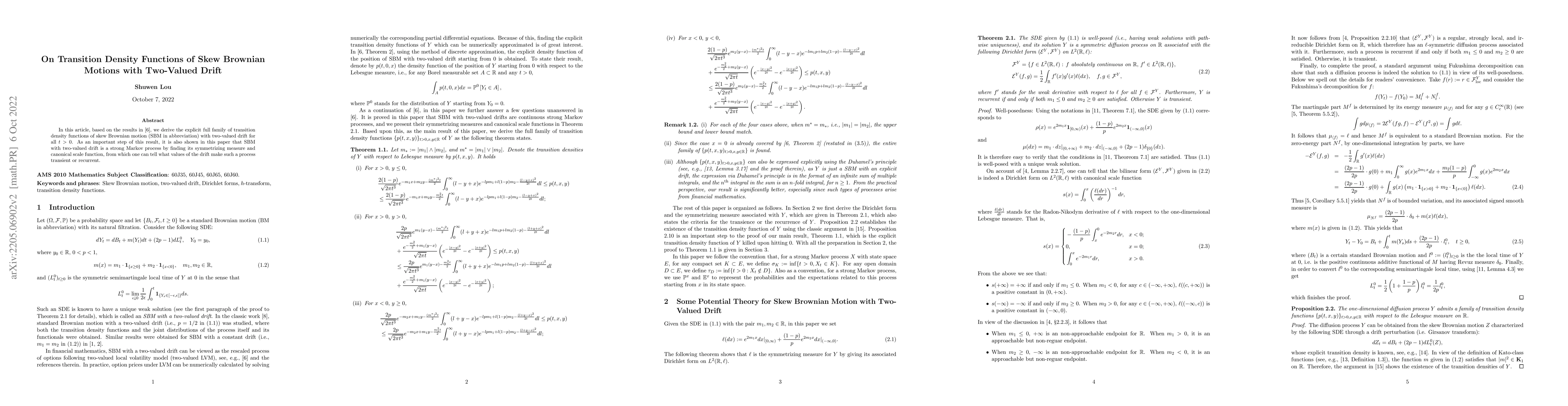 Thumbnail for Explicit Transition Density Functions of Skew Brownian Motions with
  Two-Valued Drift