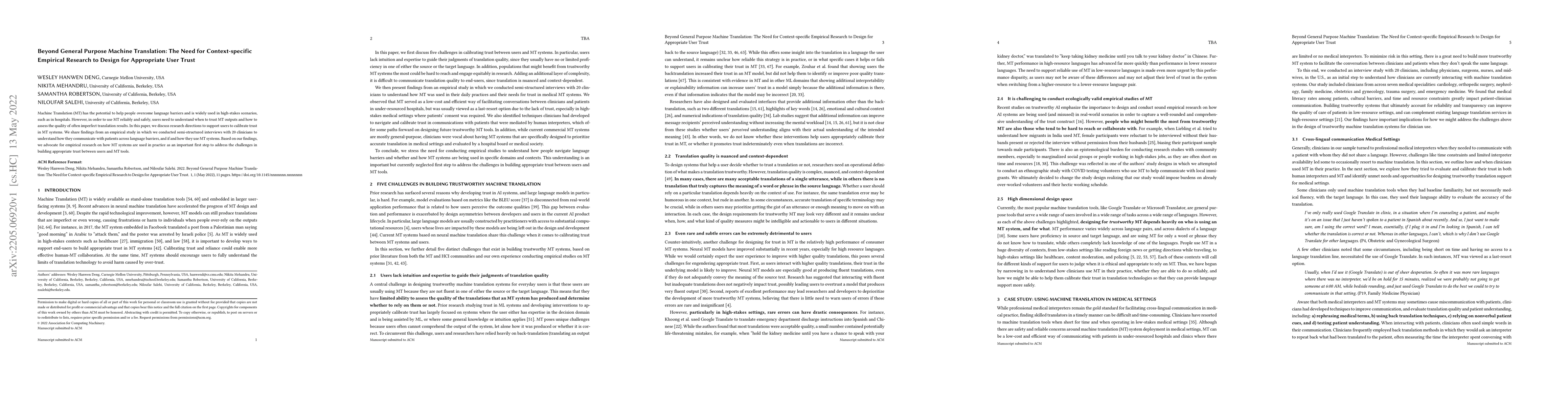 Thumbnail for Beyond General Purpose Machine Translation: The Need for
  Context-specific Empirical Research to Design for Appropriate User Trust