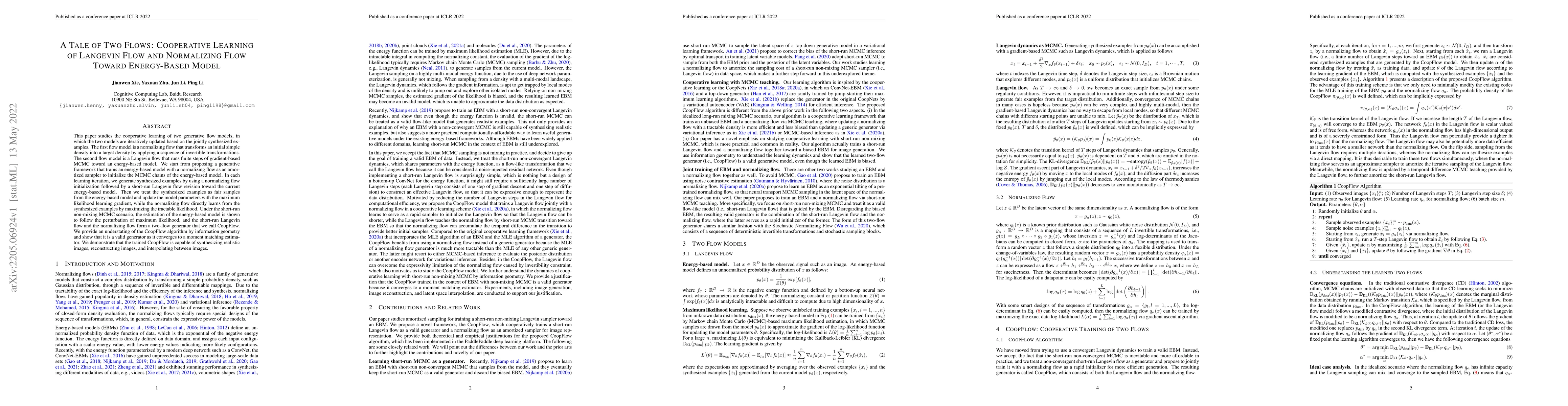 Thumbnail for A Tale of Two Flows: Cooperative Learning of Langevin Flow and
  Normalizing Flow Toward Energy-Based Model