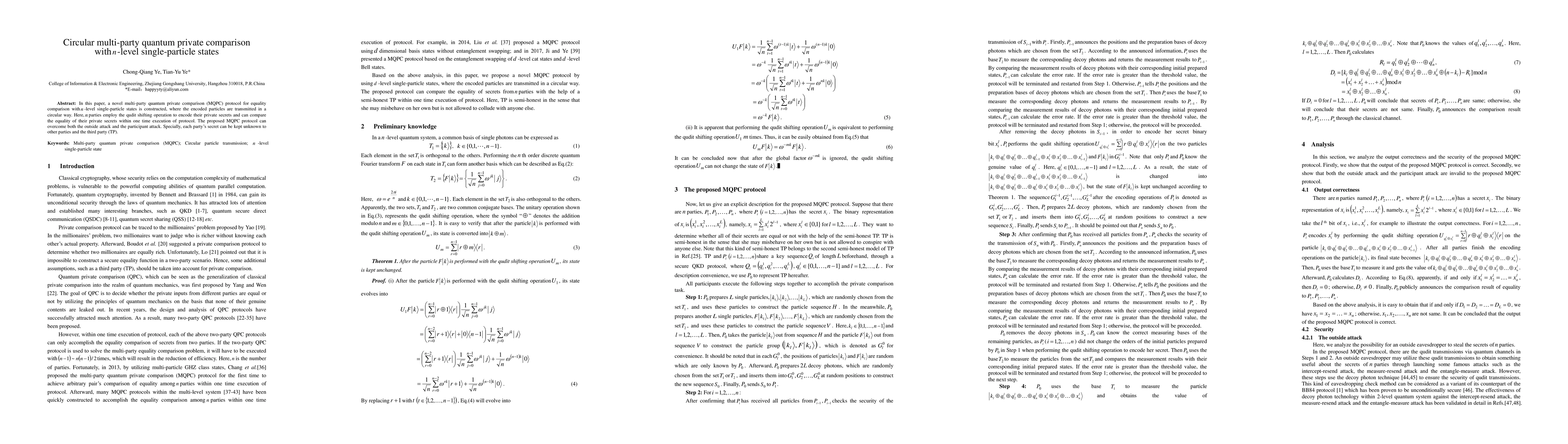 Thumbnail for Circular multi-party quantum private comparison with n-level
  single-particle states