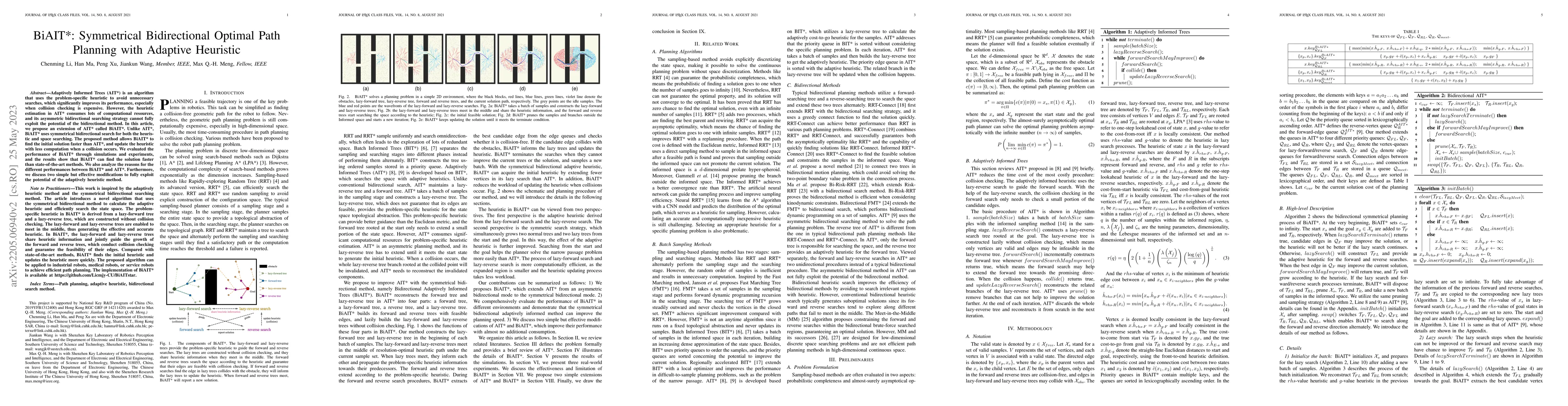 Thumbnail for BiAIT*: Symmetrical Bidirectional Optimal Path Planning with Adaptive
  Heuristic