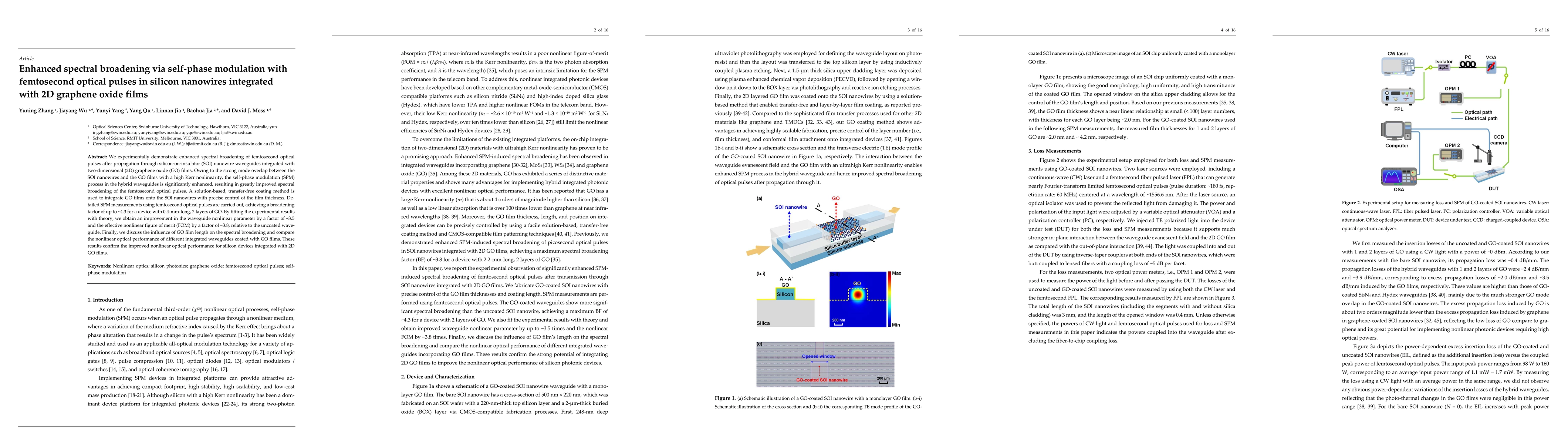 Thumbnail for Enhanced spectral broadening via self-phase modulation with femtosecond
  optical pulses in silicon nanowires integrated with 2D graphene oxide films