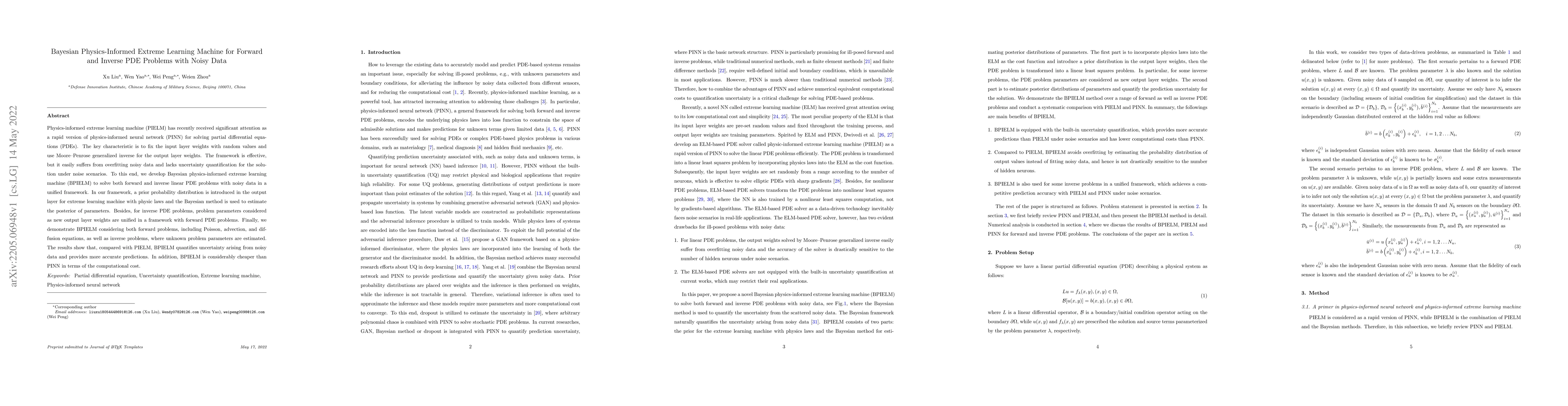 Thumbnail for Bayesian Physics-Informed Extreme Learning Machine for Forward and
  Inverse PDE Problems with Noisy Data