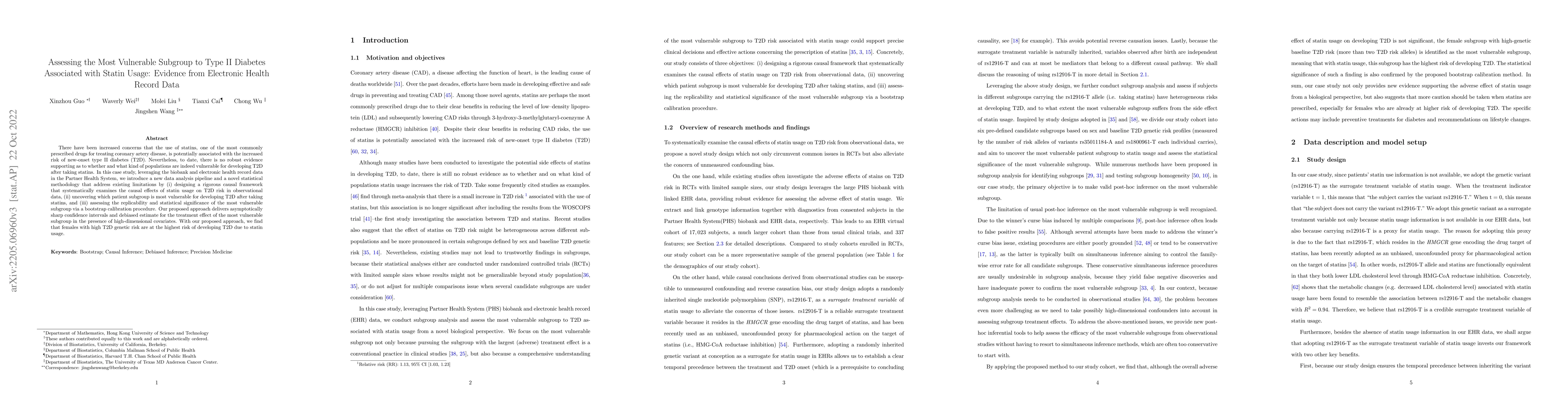 Thumbnail for Assessing the Most Vulnerable Subgroup to Type II Diabetes Associated
  with Statin Usage: Evidence from Electronic Health Record Data