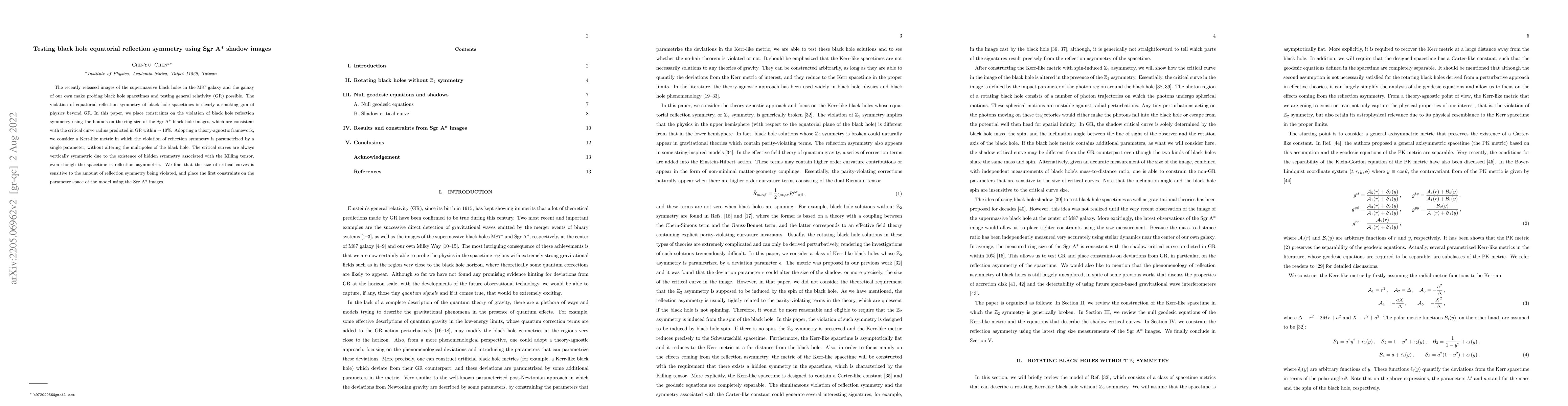 Thumbnail for Testing black hole equatorial reflection symmetry using Sgr A* shadow
  images