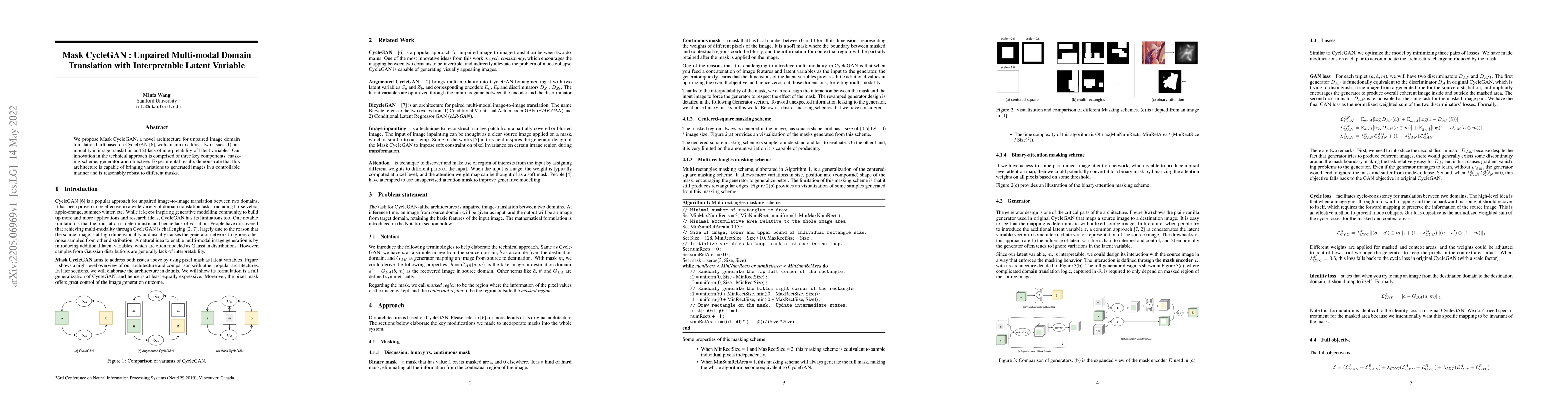 Thumbnail for Mask CycleGAN: Unpaired Multi-modal Domain Translation with
  Interpretable Latent Variable